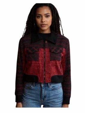 Women's Red Patterned Zip-Front Jacket
